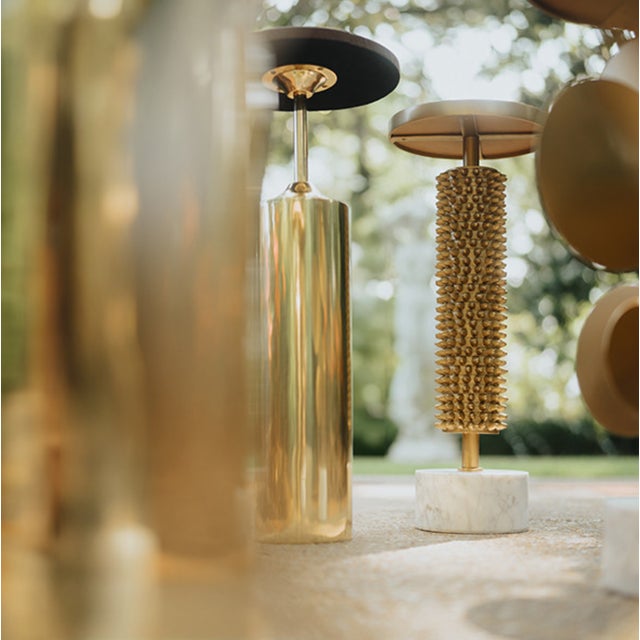 Metal Matthew Izzo Home Talia Urchin Textured Round Pedestal Side Table With Marble Base and Inset Mirror Top For Sale - Image 7 of 8