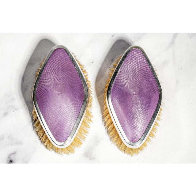 Traditional Wonderful Antique English Hallmarked Sterling Silver Vanity Brush Set Presentation Box Purple Celluloid Guilloché Style Edwardian Home Decor For Sale - Image 3 of 18