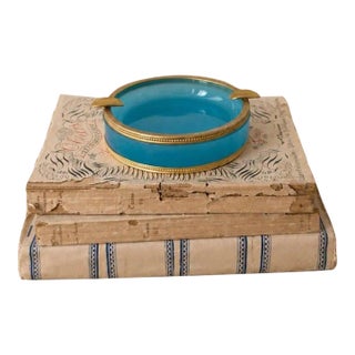 Vintage Murano Opaline Glass Ashtray Turquoise Blue Brass Rim Italian Mid Century Decorative Catchall Trinket Dish For Sale