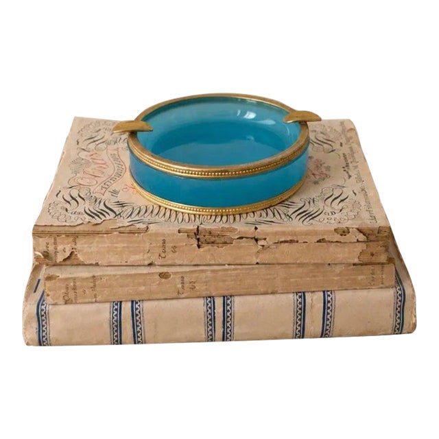 Vintage Murano Opaline Glass Ashtray Turquoise Blue Brass Rim Italian Mid Century Decorative Catchall Trinket Dish For Sale