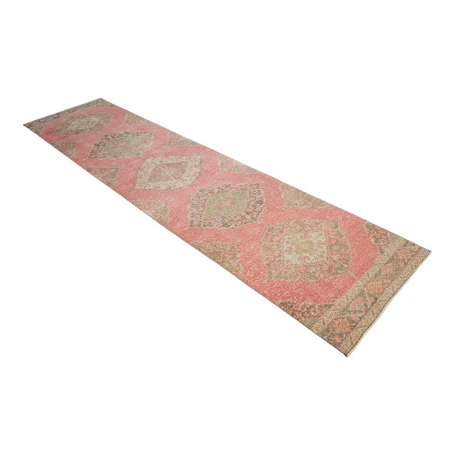 Distressed Oushak Runner Rug Faded Colors Low Pile Pink Hallway Decor - 2'9″x 12'3″ For Sale