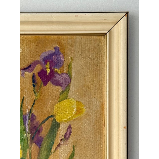 Early 20th Century Early 20th Century Art Deco Still Life of Irises and Tulips With Bird, Oil on Board, Framed For Sale - Image 5 of 13