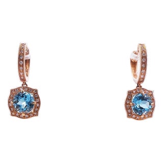 Round Brilliant Cut Blue Topaz Diamond Halo 14 Karat Rose Gold Huggie Drop State, A Pair For Sale