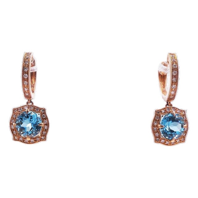Round Brilliant Cut Blue Topaz Diamond Halo 14 Karat Rose Gold Huggie Drop State, A Pair For Sale