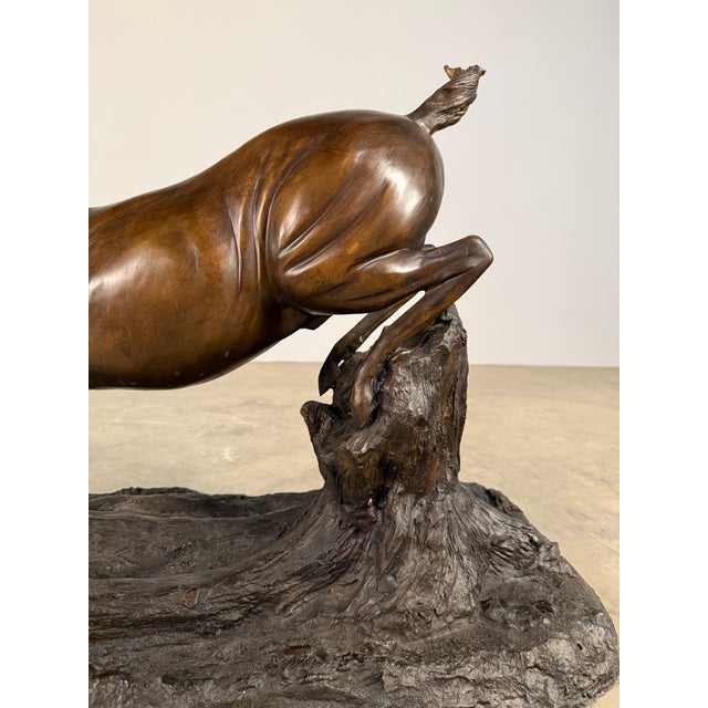 Early 21st Century Large Bronze Stag Sculpture – Leaping Deer on Log Base, 36” H Wildlife Art For Sale - Image 5 of 13