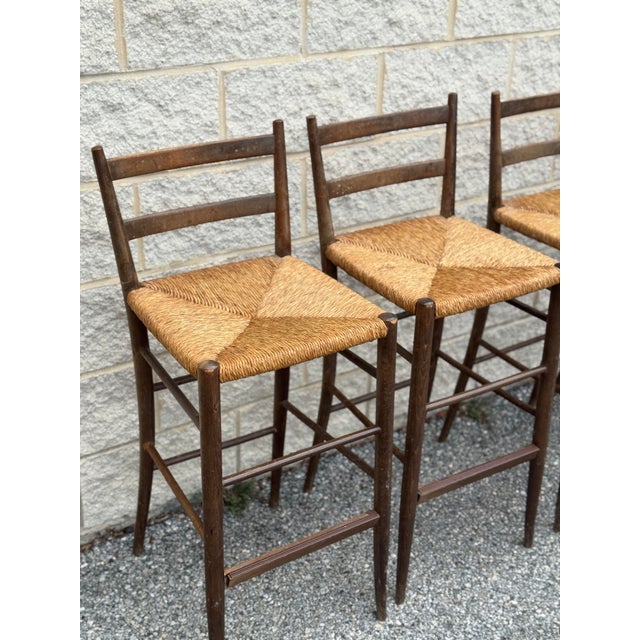 Rustic Set of Four Vintage Rush Seat Ladderback Bar Stools For Sale - Image 3 of 12