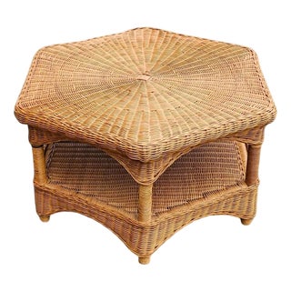 Vintage Hexagonal Hand Woven Wicker Auxiliary Table, 1980s For Sale