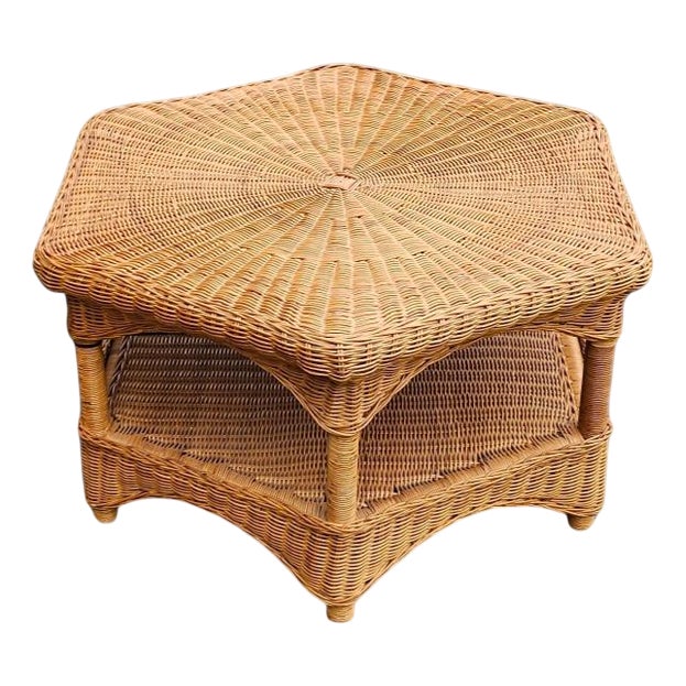 Vintage Hexagonal Hand Woven Wicker Auxiliary Table, 1980s For Sale