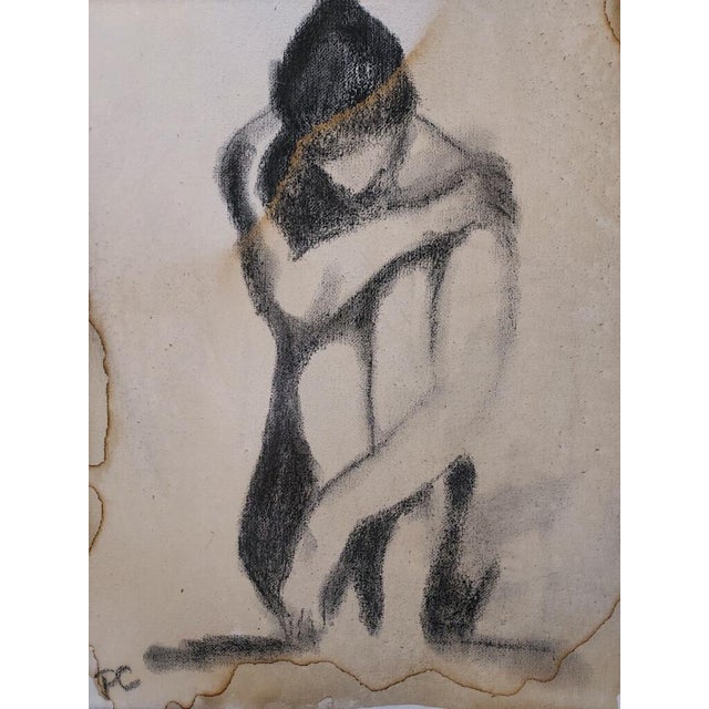 Textile Pat Clay "Huddled Woman" Original Charcoal & Coffee Wash on Canvas – 2026 For Sale - Image 7 of 9
