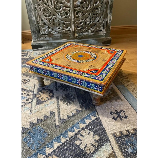 Wood Hand-Painted Mango Wood Bajot Table – Mandala Boho Coffee Table Plant Stand For Sale - Image 7 of 8