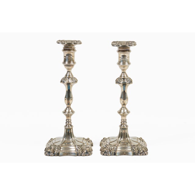Metal Pair Sheffield Silver Plate George II Style Candlesticks For Sale - Image 7 of 11