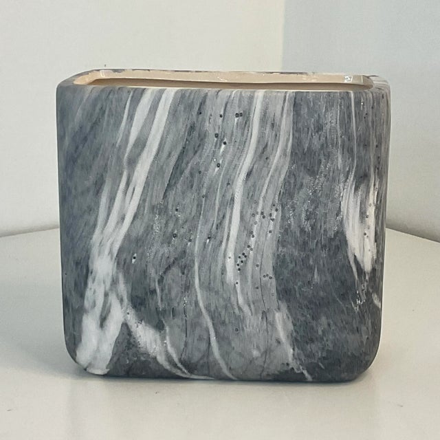 Slate Gray 1980s Vintage Postmodern Contemporary Faux Carrara Marble Ceramic Planter For Sale - Image 8 of 9