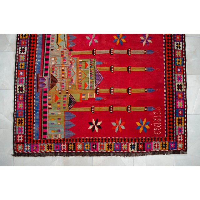 Masterpiece 1963 Dated Turkish Kilim, Extra Large Pictorial Wall Tapestry, Vintage Wall Decor With Mosque Design, Rare Architectural Art For Sale - Image 10 of 15