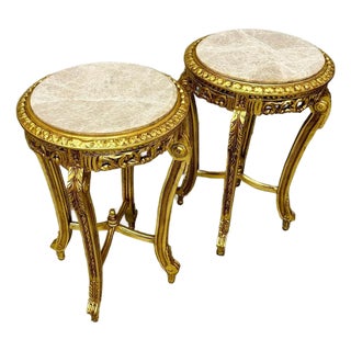 French Style Nesting Side Tables – Set of 2 With Beige Finish, Marble Tops & Gold Leaf Details For Sale