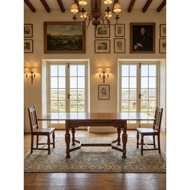 1930s Professionally Restored 1930s Jacobean Revival (William and Mary Style) Solid Oak Draw-Leaf Dining Table For Sale - Image 5 of 12