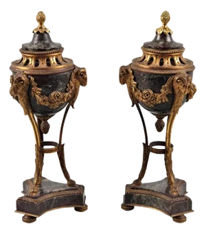 Antique 19th Century French Gilt Bronze and Marble Cassolettes, Set of 2