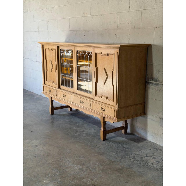 Mid-Century Modern In Style of Henning Kjærnulf Oak High Sideboard Credenza With Sliding Leaded Glass Doors Danish Mid-Century Modern 1970s For Sale - Image 3 of 11