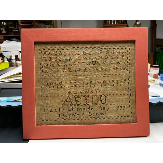 Wonderful 1995 reproduction of 1833 embroidered school sampler. Framed in painted milk paint frame. Country kitchen style...