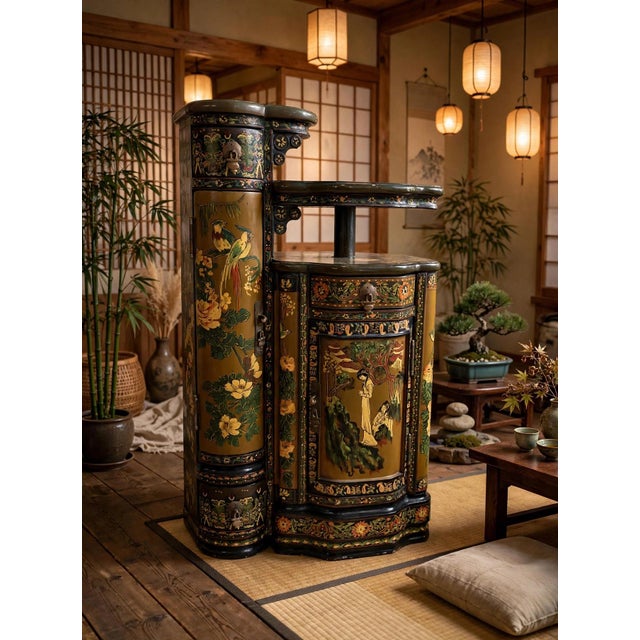 Green lacquered wooden cabinet in Chinoiserie style, hand-decorated with floral motifs, birds, and human figures in gold...
