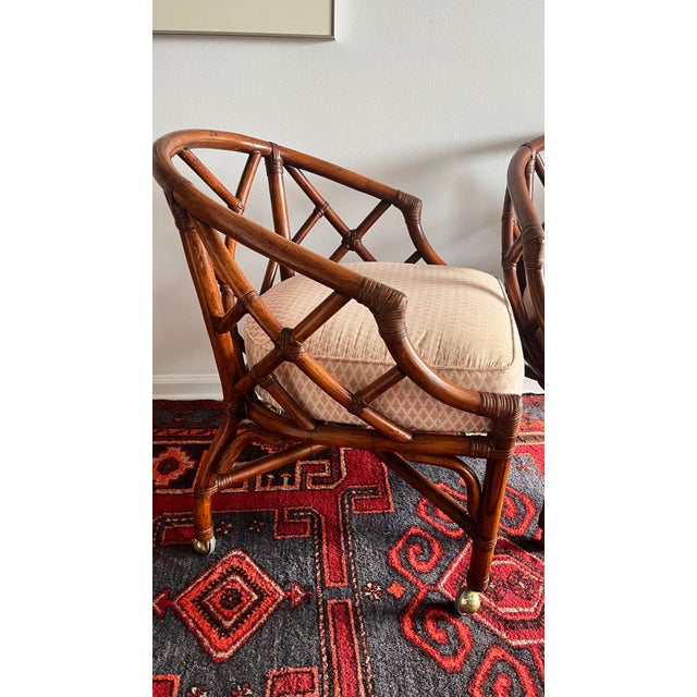 1960's Bamboo Chairs Tub Barrel Style on Casters Pink Cushions- A Pair For Sale - Image 4 of 12