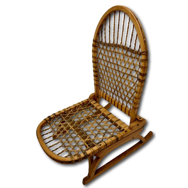 Vintage Mid 1900s "Snow Shoe" Style Stream Bent Ash Wood & Hand Woven Hide Canoe & Camping Folding Chair For Sale In Boston - Image 6 of 18