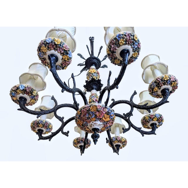 Metal 1960s Italian Capodimonte, Faience-Style Porcelain and Wrought Iron Chandelier For Sale - Image 7 of 11
