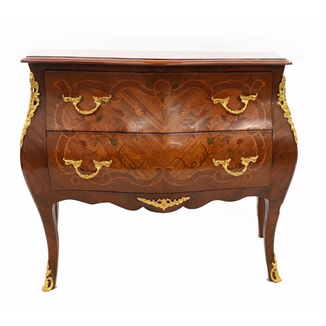Wood French Bombe Chest of Drawers with Marquetry Inlay For Sale - Image 7 of 11