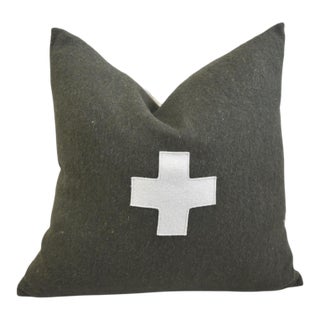 French Dark Green and Cream Appliqué Cross Wool & Linen Feather/Down Pillow For Sale