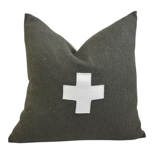 French Dark Green and Cream Appliqué Cross Wool & Linen Feather/Down Pillow For Sale