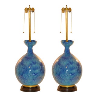 Vintage Large Marbro Italian Ceramic Table Lamps in Blue For Sale