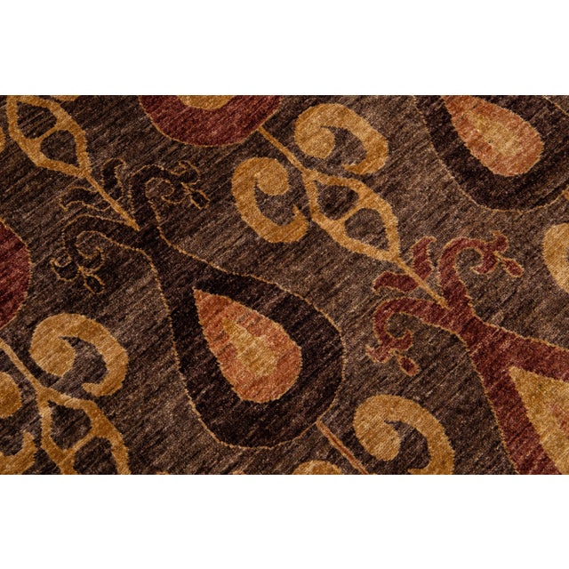 Brown Modern Ikat Handmade Geometric Pattern Designed Wool Rug For Sale In New York - Image 6 of 8