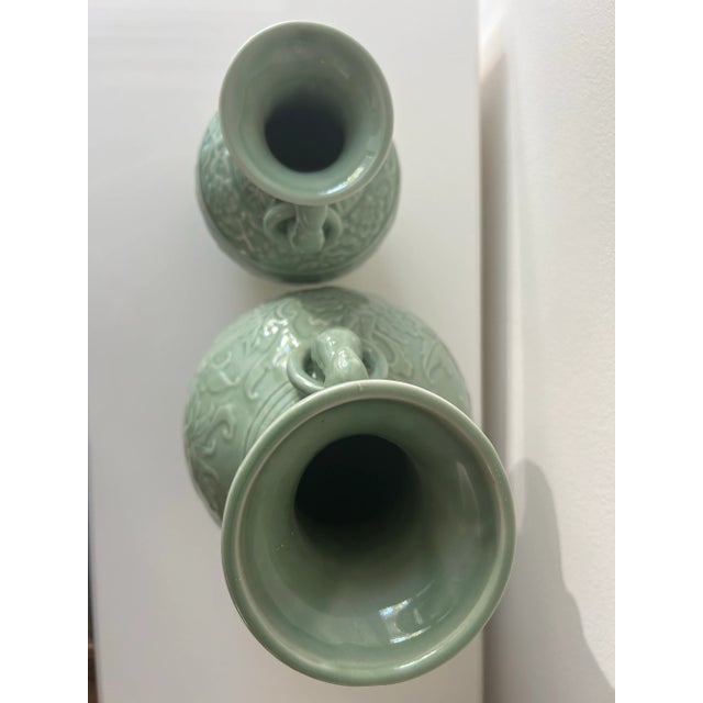 Celadon Pair of Chinese Porcelain Celadon Vases With Fixed Ring Handles For Sale - Image 8 of 9