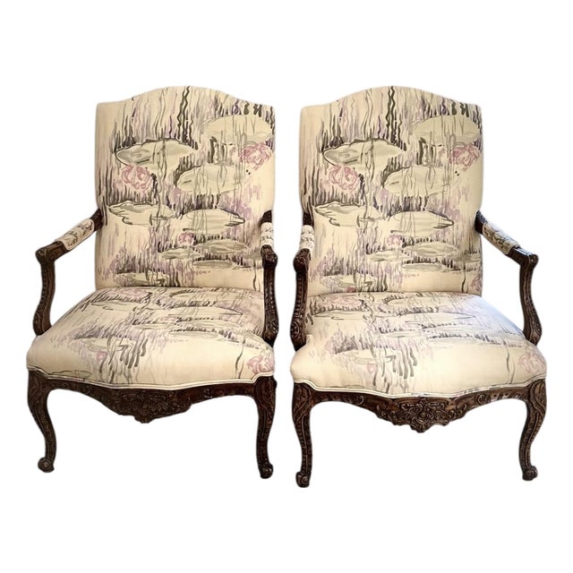 Late 20th Century Pair of French Louis XV Style Carved Accent Chairs Pastel Watercolor Print For Sale