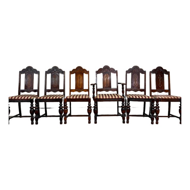 Antique English Tudor Jacobean Revival Dining Chairs - Set of 6 For Sale