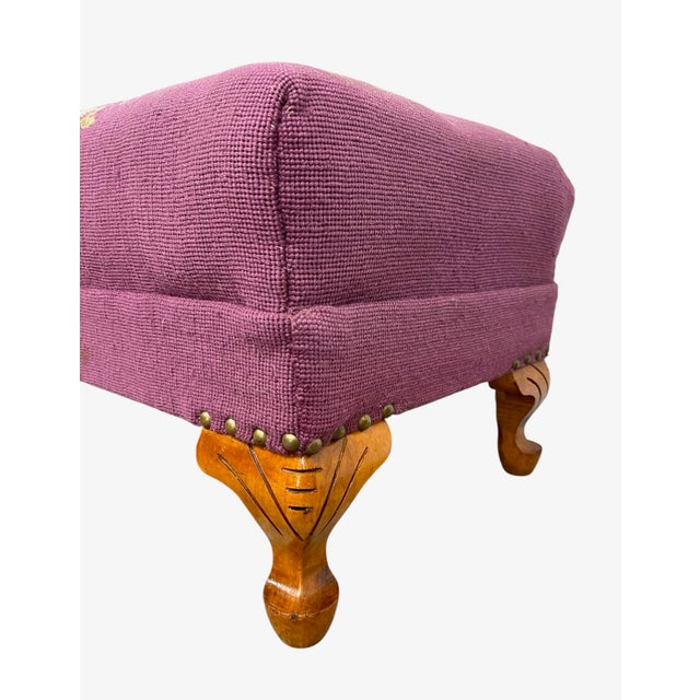 Vintage Upholstered Footstool Ottoman With Floral Needlepoint and Carved Wood Legs For Sale - Image 10 of 10