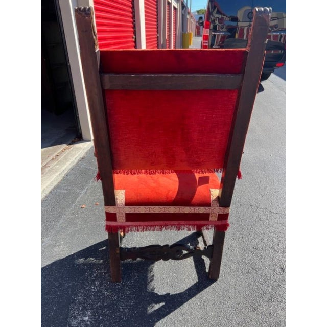 This Antique Spanish Throne Chair in red fabric exudes old-world charm with its fully assembled construction and...