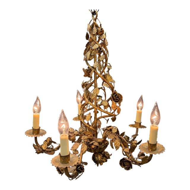 Antique Scrolling Vines French Gold Tole Chandelier With Original Gilding For Sale