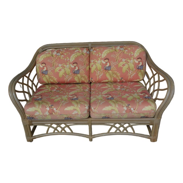 Vintage Lane Venture Tan Bamboo / Rattan Loveseat Settee W/ Orange / Monkey Cushions For Sale