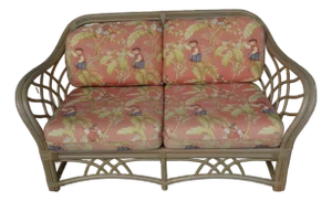 Vintage Lane Venture Tan Bamboo / Rattan Loveseat Settee W/ Orange / Monkey Cushions