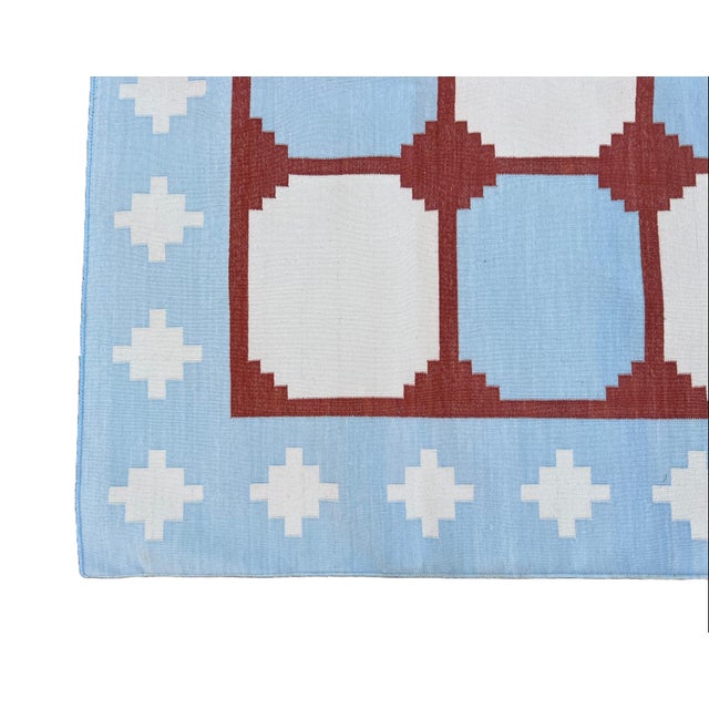 Textile Handwoven Cotton Area Rug, Sky Blue and Terracotta Red Tile Swedish Dhurrie - 6'x9' For Sale - Image 7 of 13