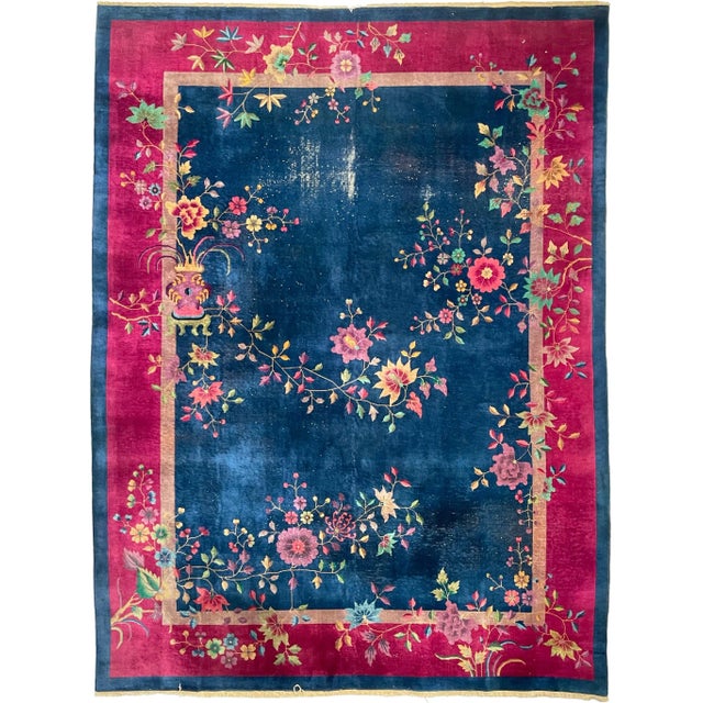 1920-1930's Antique Art Deco Asian Botanical Garden Magenta Berry Navy Purple Green Rug 9 2 X 11 8 For Sale - Image 13 of 13