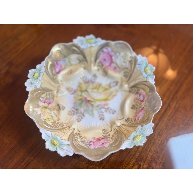 Antique Porcelain Molded Floral Bowl Heavy Gold Gilt Ornate C1910 Orchids Roses For Sale - Image 4 of 17