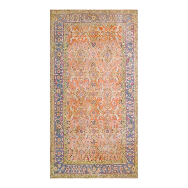 1920s Orange Salmon Geometric Antique Indian Agra Cotton Rug 3'6" X 7' Handknotted Carpet For Sale