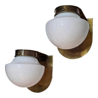 Pair Vintage Art Deco Light Old Lamp Wall Sconces Fixture Brass & Milk Glass Shade Lamp Ship Light For Sale