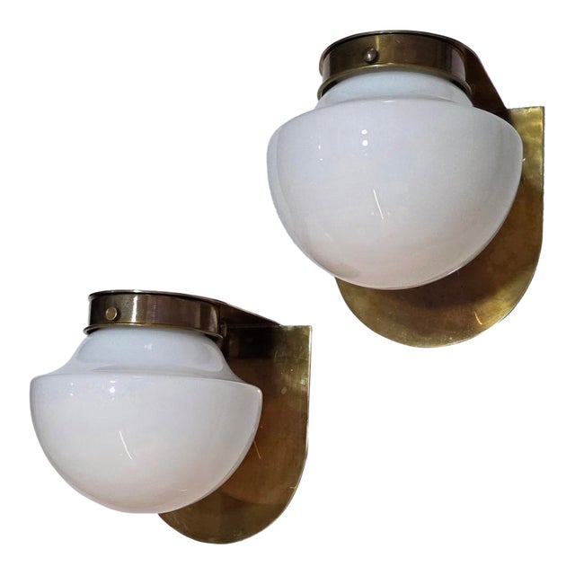 Pair Vintage Art Deco Light Old Lamp Wall Sconces Fixture Brass & Milk Glass Shade Lamp Ship Light For Sale