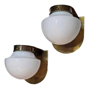 Pair Vintage Art Deco Light Old Lamp Wall Sconces Fixture Brass & Milk Glass Shade Lamp Ship Light