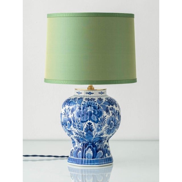 Blue Ceramic Ginger Jar Lamp with New Pistachio Green Silk Shade from Royal Delft, 1971 For Sale - Image 16 of 16