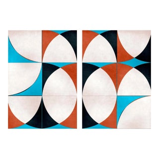 Mid-Century Modern Art Prints Diptych Red White Blue Retro by Angela Cameron For Sale