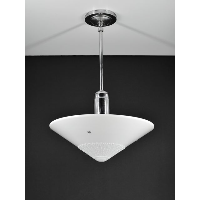 1930s Streamline Conical Milk Glass Pendant Light With Embossed Papyrus Leaves For Sale - Image 9 of 12