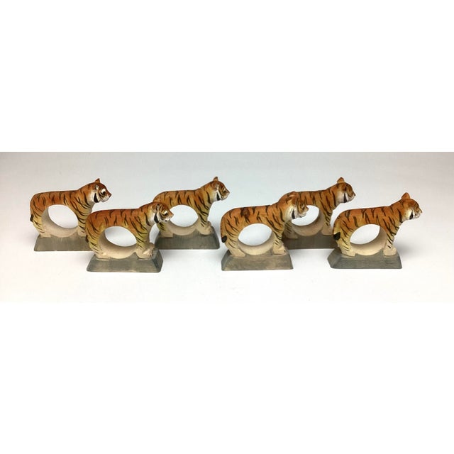 African Vintage Hand-Carved Painted Tiger Figural Napkin Rings Set of 6 For Sale - Image 3 of 5
